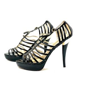 Bebe Black Patent Leather Strappy Sandals
